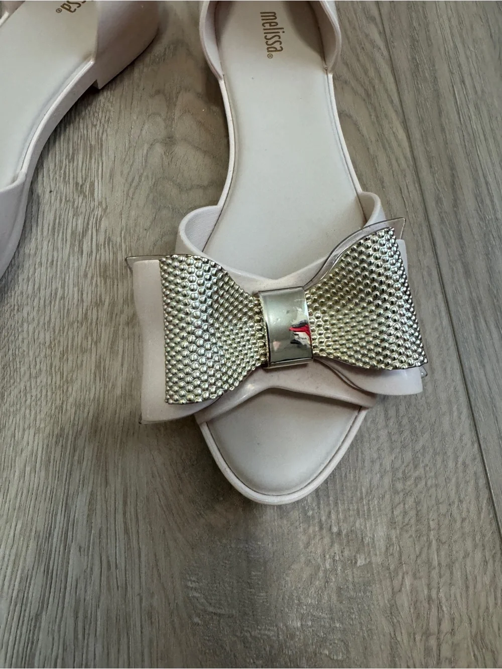 Melissa Seduction V Jelly Beige Flats with Textured Gold Bow Sz. 8 - Picture 6 of 12
